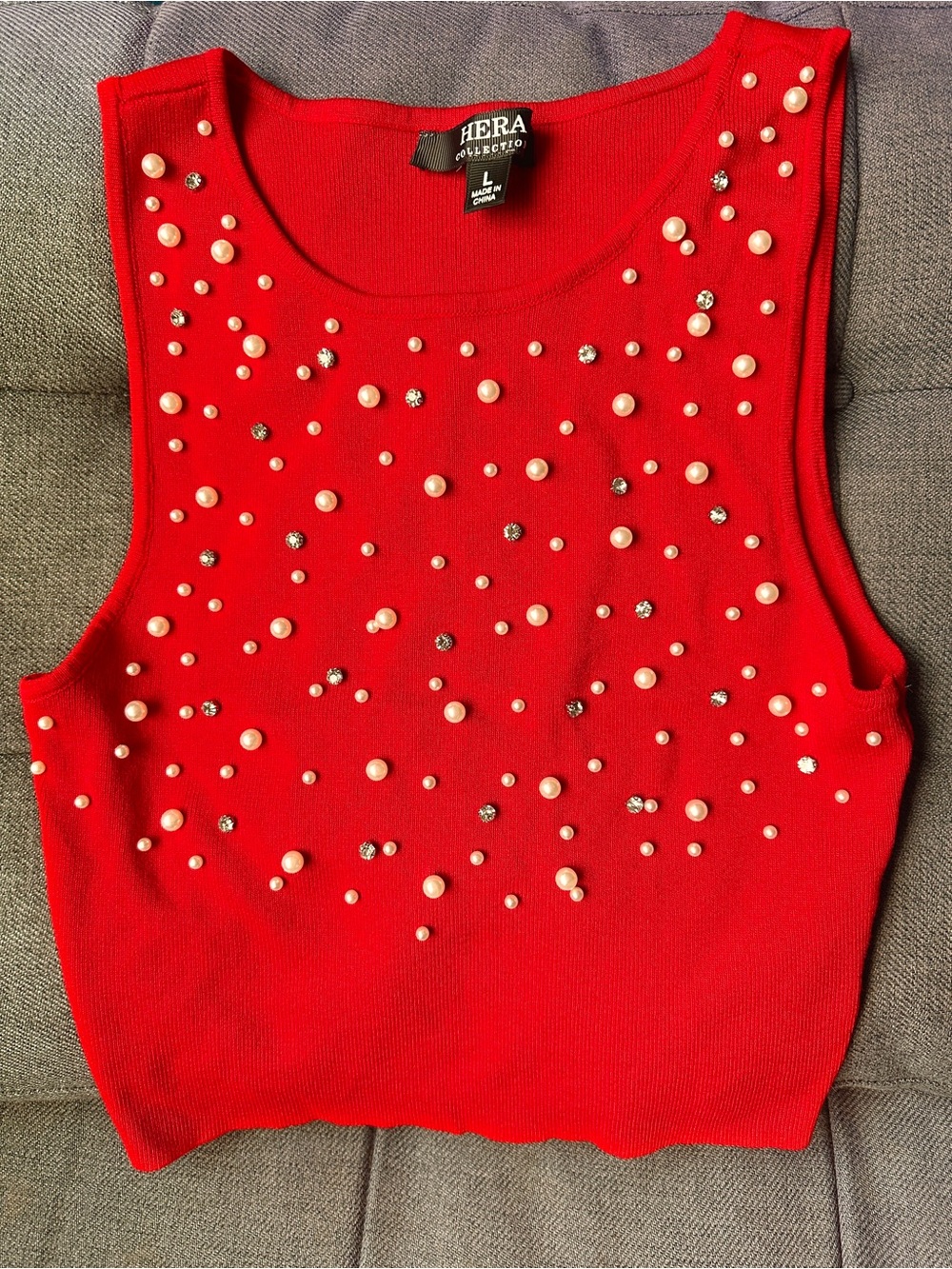 Red Embellished Pearl Rhinestone Sleeveless Crop Knit Top